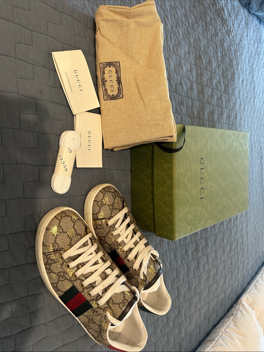 Gucci GG Beige Canvas Sneakers with Red and Green Web